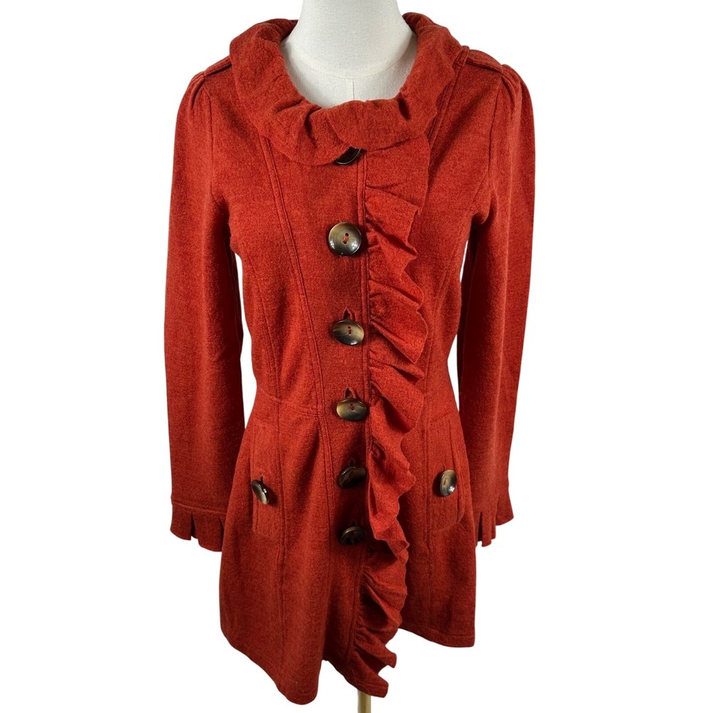 Charlie &‎ Robin Cardigan NWT Womens XS Burnt Orange 100% Wool Ruffle Longline